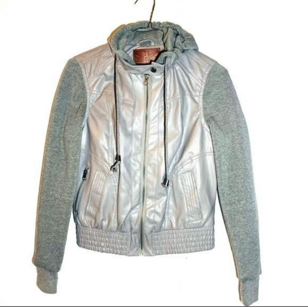 Gray Faux Leather Knit Hoodie Jacket Zip-Up Bomber Y2K Streetwear Size Small